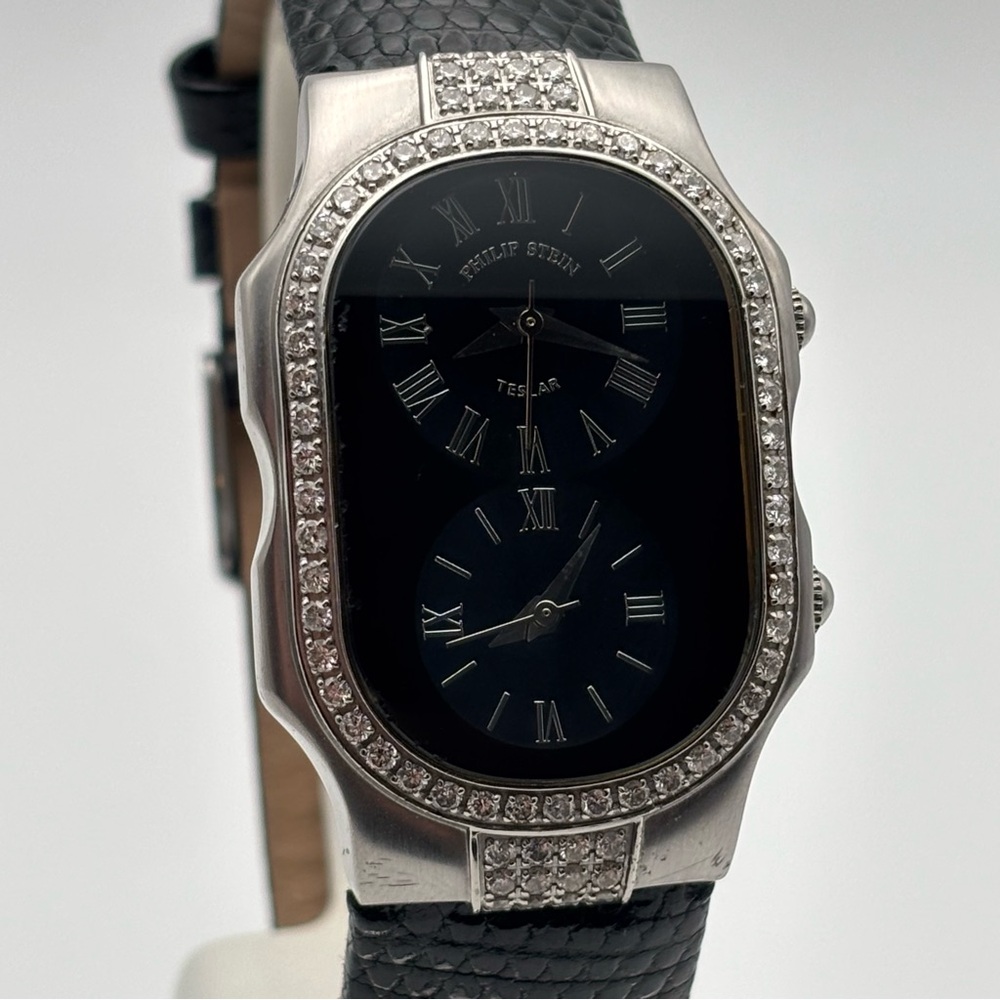 Philip Stein Teslar Dual Time Diamond Bezel Watch 45mm Lizard Strap - Picture 4 of 10